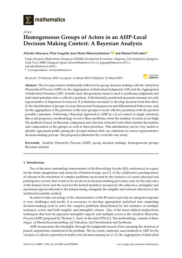 Homogeneous groups of actors in an AHP-local decision making context: A Bayesian analysis