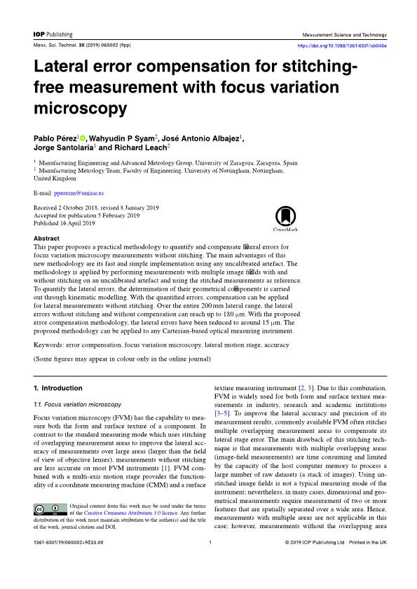 Lateral error compensation for stitching-free measurement with focus variation microscopy