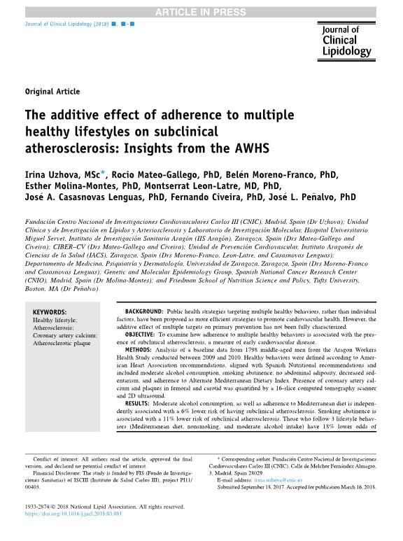 The additive effect of adherence to multiple healthy lifestyles on subclinical atherosclerosis: Insights from the AWHS