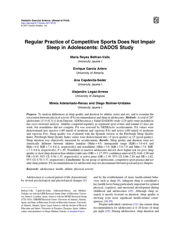 Regular practice of competitive sports does not impair sleep in adolescents: DADOS study