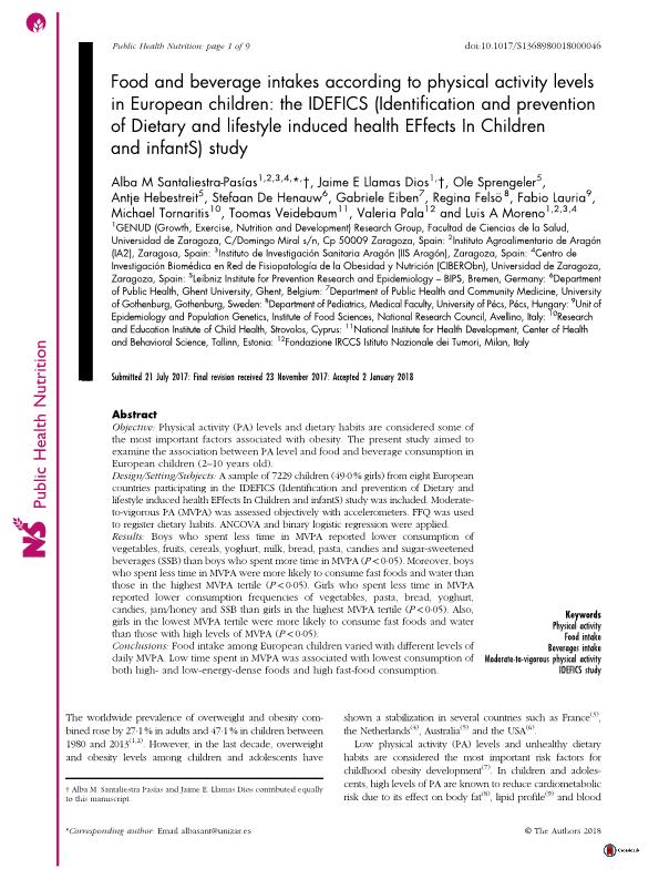 Food and beverage intakes according to physical activity levels in European children: The IDEFICS (Identification and prevention of Dietary and lifestyle induced health EFfects in Children and infantS) study