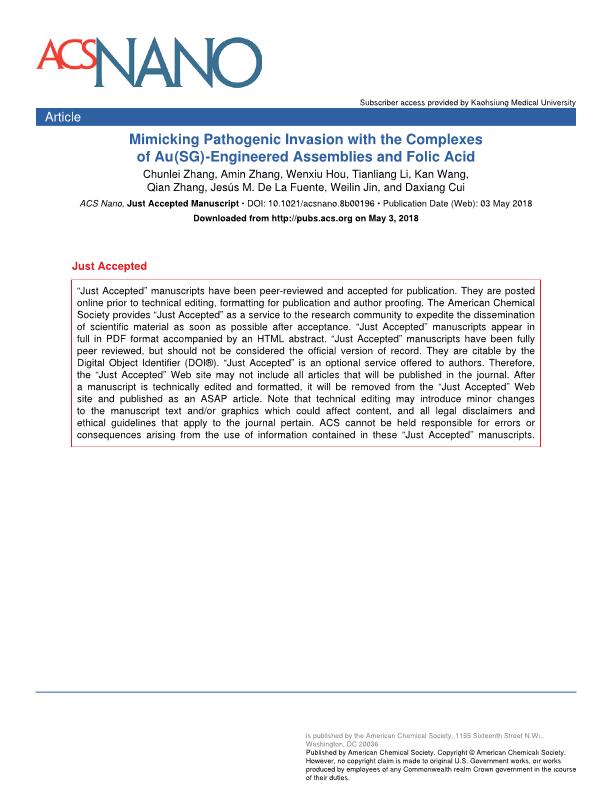 Mimicking Pathogenic Invasion with the Complexes of Au22(SG)18-Engineered Assemblies and Folic Acid