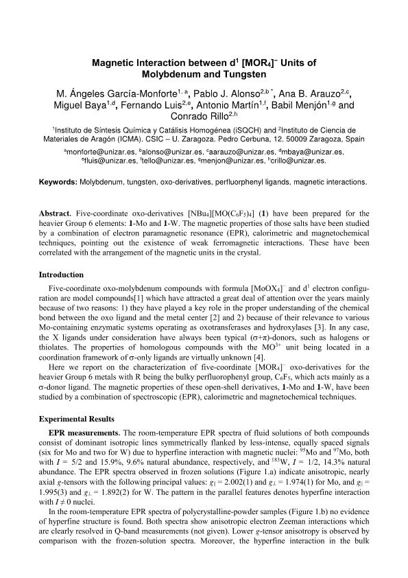 Magnetic interaction between d1 [MOR4]-units of Molybdenum and Tungsten