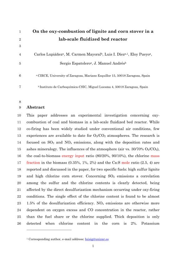 On the oxy-combustion of lignite and corn stover in a lab-scale fluidized bed reactor