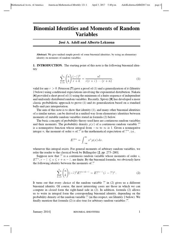 Binomial Identities and Moments of Random Variables