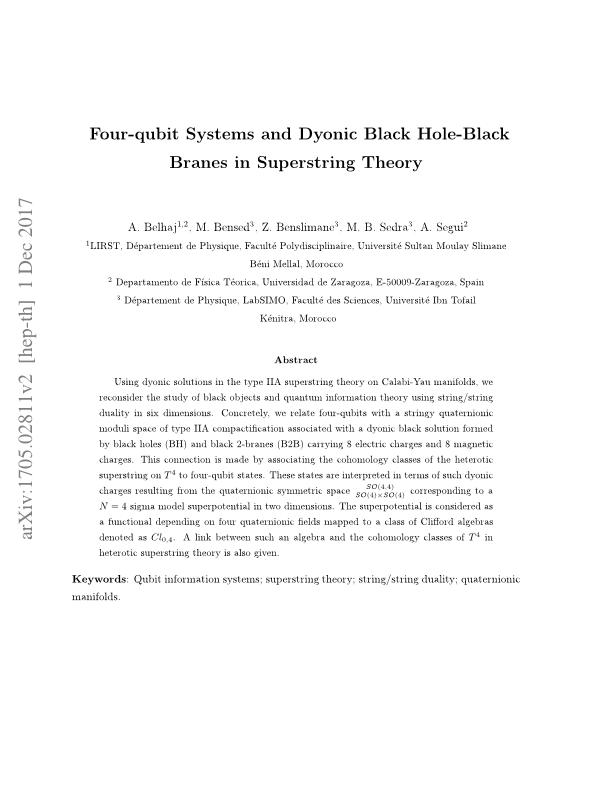 Four-qubit systems and dyonic black Hole-Black branes in superstring theory