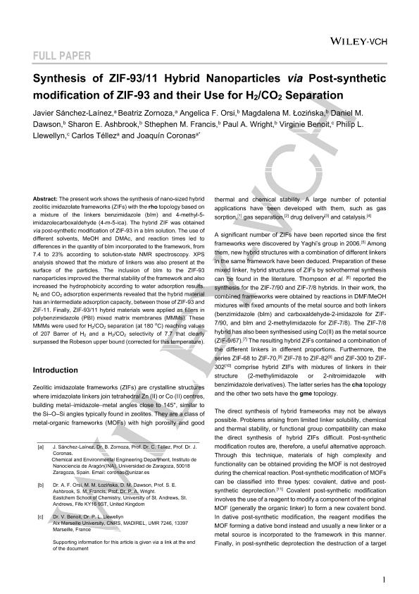 Synthesis of ZIF-93/11 Hybrid Nanoparticles via Post-Synthetic Modification of ZIF-93 and Their Use for H2/CO2 Separation