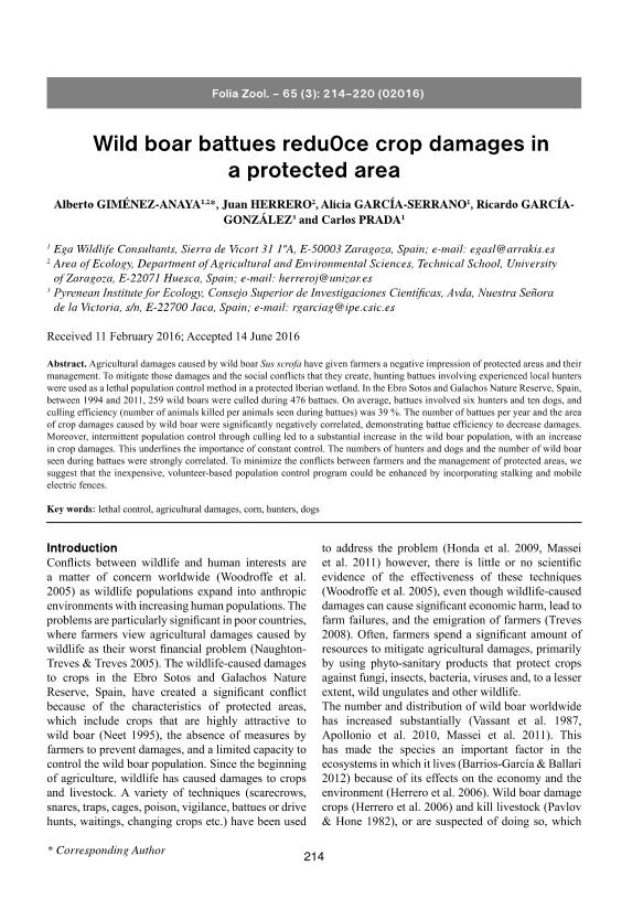 Wild boar battues reduce crop damages in a protected area