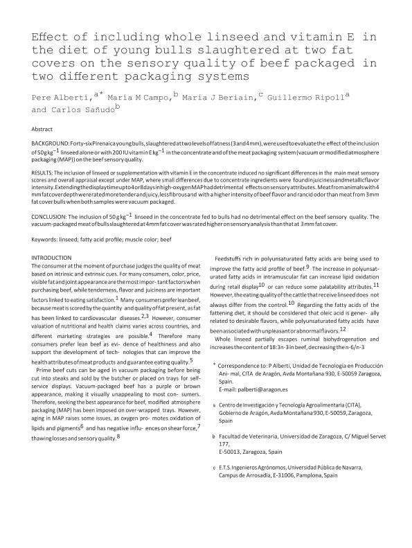 Effect of including whole linseed and vitamin E in the diet of young bulls slaughtered at two fat covers on the sensory quality of beef packaged in two different packaging systems