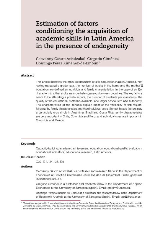 Estimation of factors conditioning the acquisition of academic skills in Latin America in the presence of endogeneity