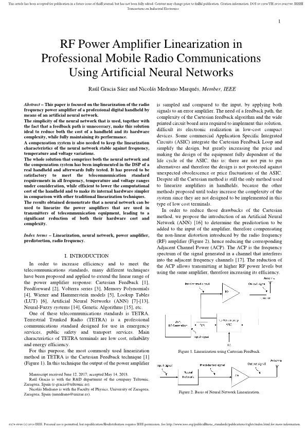 RF Power Amplifier Linearization in Professional Mobile Radio Communications Using Artificial Neural Networks