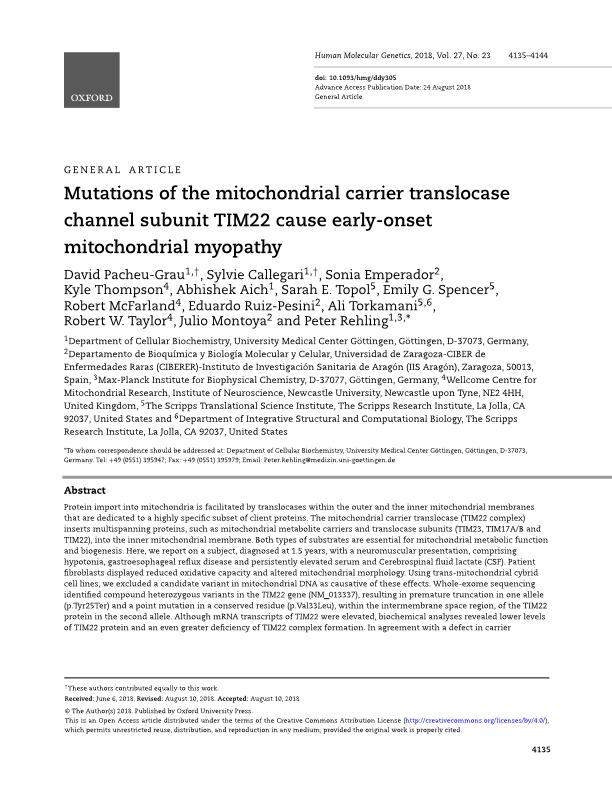 Mutations of the mitochondrial carrier translocase channel subunit TIM22 cause early-onset mitochondrial myopathy