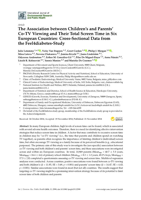 The Association between Children's and Parents' Co-TV Viewing and Their Total Screen Time in Six European Countries: cross-sectional data from the Feel4diabetes-Study