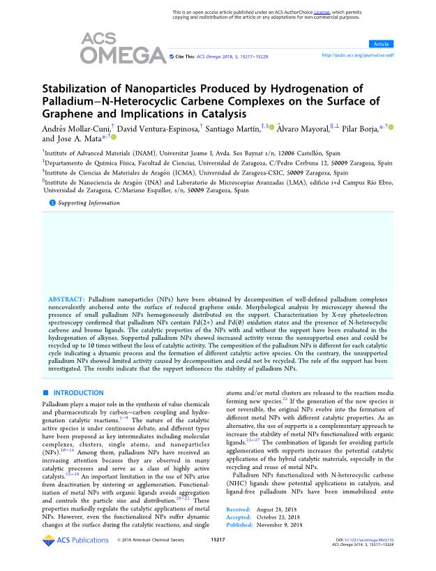 Stabilization of nanoparticles produced by hydrogenation of palladium-n-heterocyclic carbene complexes on the surface of graphene and implications in catalysis