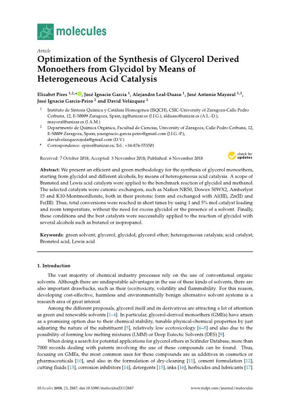 Optimization of the synthesis of glycerol derived monoethers from glycidol by means of heterogeneous acid catalysis