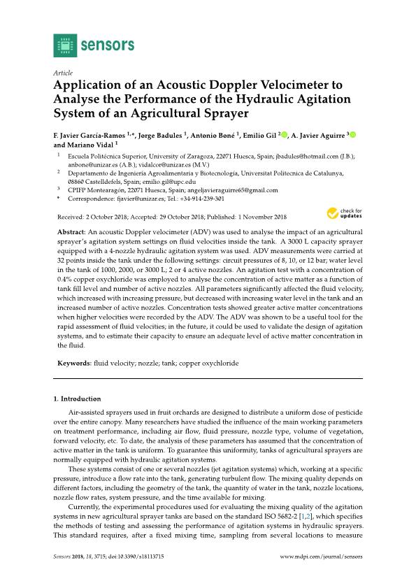 Application of an acoustic doppler velocimeter to analyse the performance of the hydraulic agitation system of an agricultural sprayer