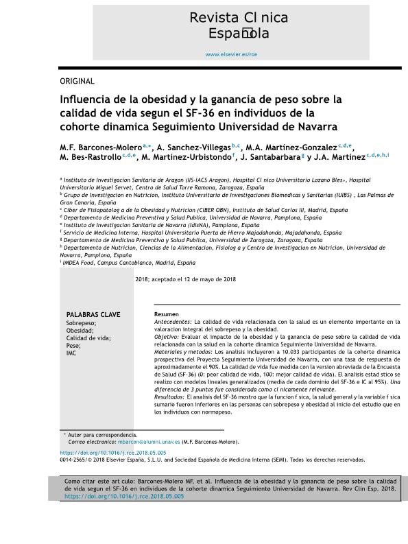 Influencia de la obesidad y la ganancia de peso sobre la calidad de vida según el SF-36 en individuos de la cohorte dinámica Seguimiento Universidad de Navarra