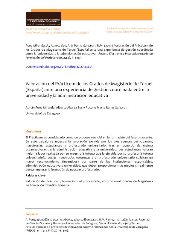 Valoración del Prácticum de los Grados de Magisterio de Teruel (España) ante una experiencia de gestión coordinada entre la universidad y la administración educativa