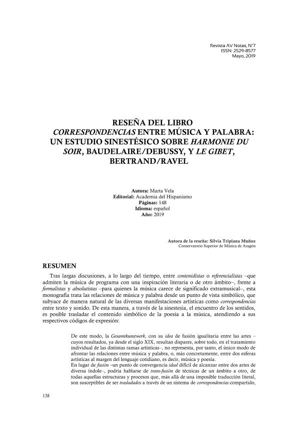 Reseña del libro Correspondencias entre música y palabra: un estudio sinestésico sobre Harmonie du soir, Baudelaire/Debussy, y Le Gibet, Bertrand/Ravel