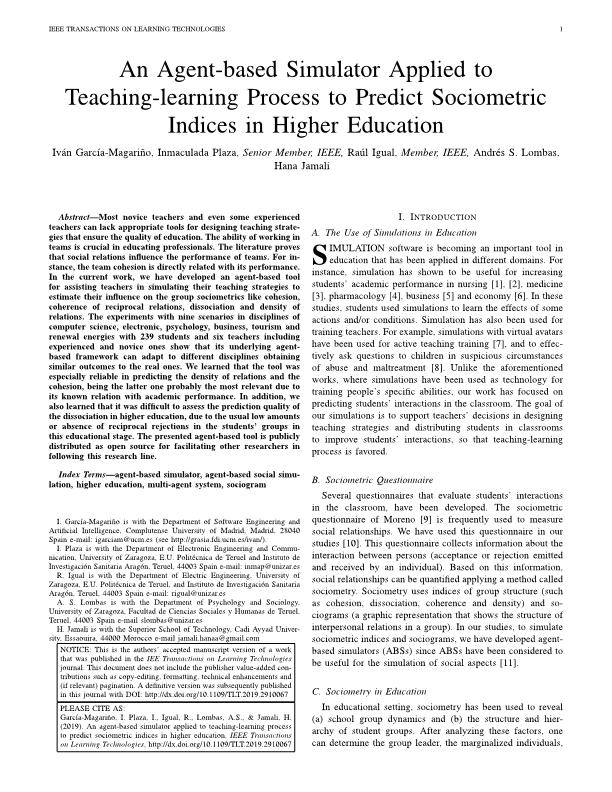 An agent-based simulator applied to teaching-learning process to predict sociometric indices in higher education