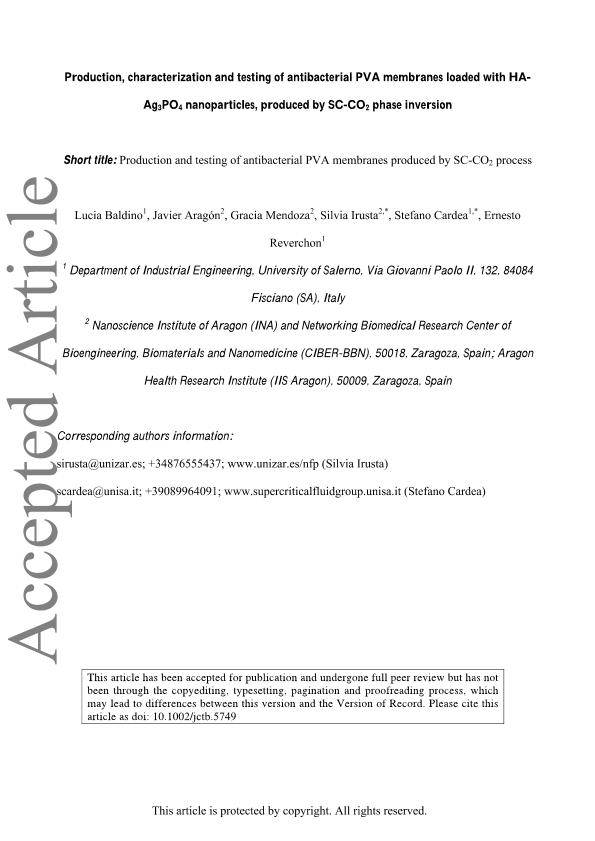 Production, characterization and testing of antibacterial PVA membranes loaded with HA-Ag3PO4 nanoparticles, produced by SC-CO2 phase inversion