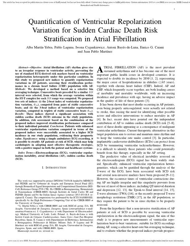 Quantification of Ventricular Repolarization Variation for Sudden Cardiac Death Risk Stratification in Atrial Fibrillation