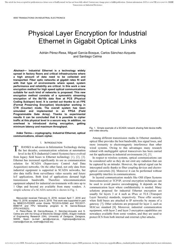 Physical Layer Encryption for Industrial Ethernet in Gigabit Optical Links