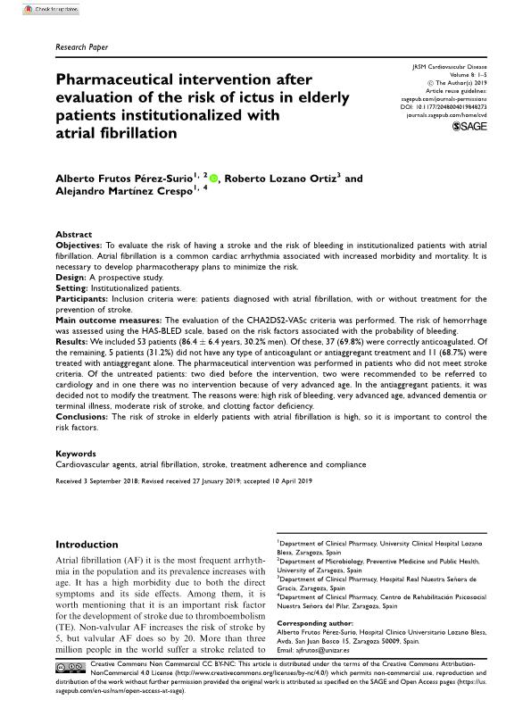 Pharmaceutical intervention after evaluation of the risk of ictus in elderly patients institutionalized with atrial fibrillation