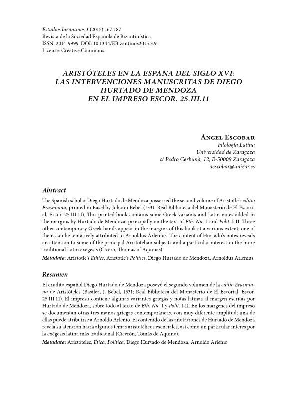 Aristóteles en la España del siglo XVI: las intervenciones manuscritas de Diego Hurtado de Mendoza en el impreso Escor. 25.III.11