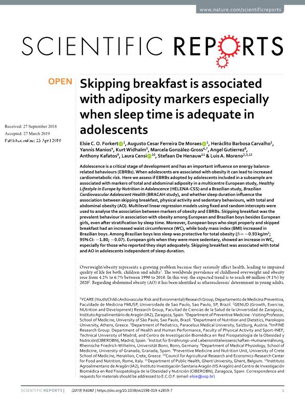 Skipping breakfast is associated with adiposity markers especially when sleep time is adequate in adolescents