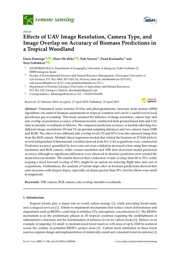 Effects of UAV Image Resolution, Camera Type, and Image Overlap on Accuracy of Biomass Predictions in a Tropical Woodland