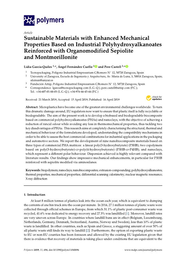 Sustainable materials with enhanced mechanical properties based on industrial polyhydroxyalkanoates reinforced with organomodified sepiolite and montmorillonite