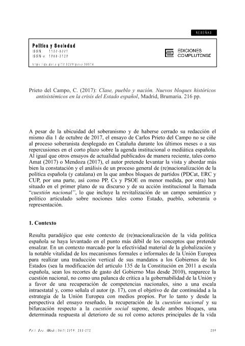 Recensión a Prieto del Campo, c. (2017): “Clase, pueblo y nación. nuevos bloques históricos antisistémicos en la crisis del estado español”, Madrid, Brumaria.