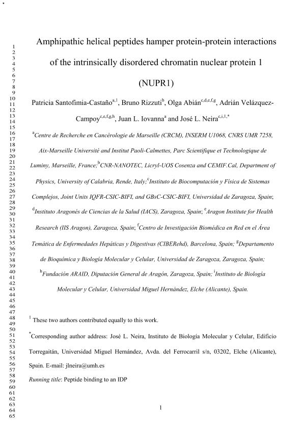 Amphipathic helical peptides hamper protein-protein interactions of the intrinsically disordered chromatin nuclear protein 1 (NUPR1)