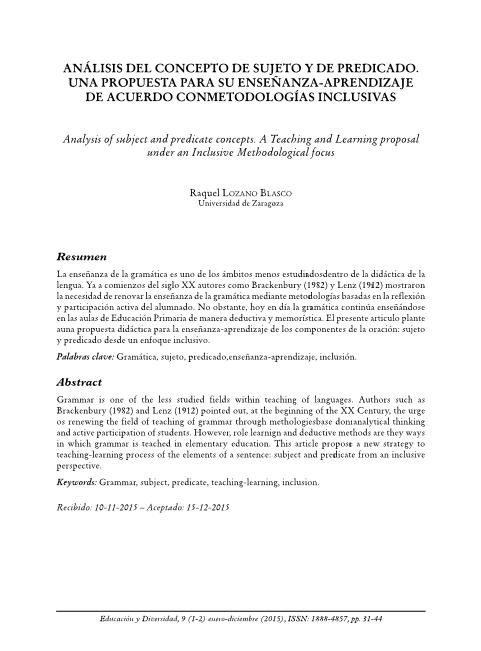 Análisis del concepto de sujeto y de predicado. Una propuesta para su enseñanza-aprendizaje de acuerdo con metodologías inclusivas