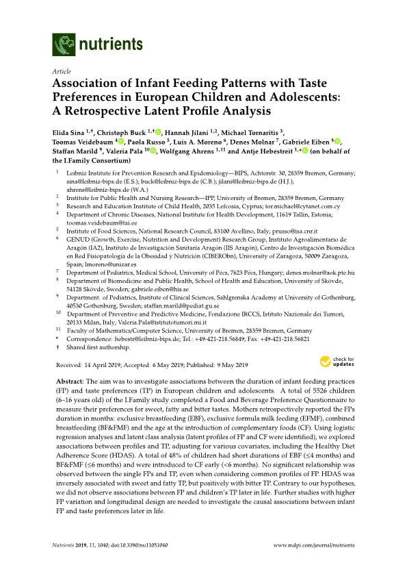 Association of infant feeding patterns with taste preferences in European children and adolescents: a retrospective latent profile analysis