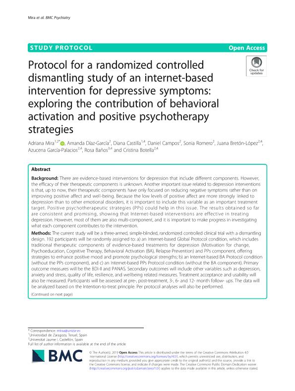 Protocol for a randomized controlled dismantling study of an internet-based intervention for depressive symptoms: exploring the contribution of behavioral activation and positive psychotherapy strategies