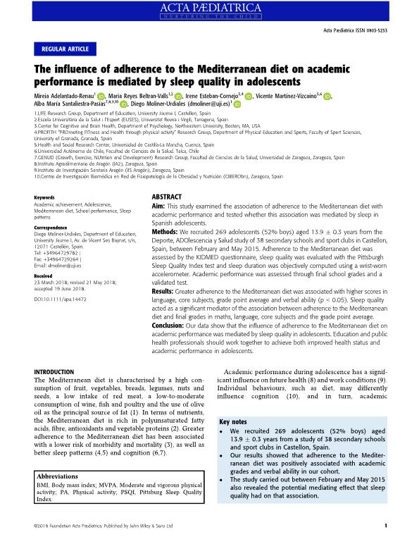The influence of adherence to the Mediterranean diet on academic performance is mediated by sleep quality in adolescents