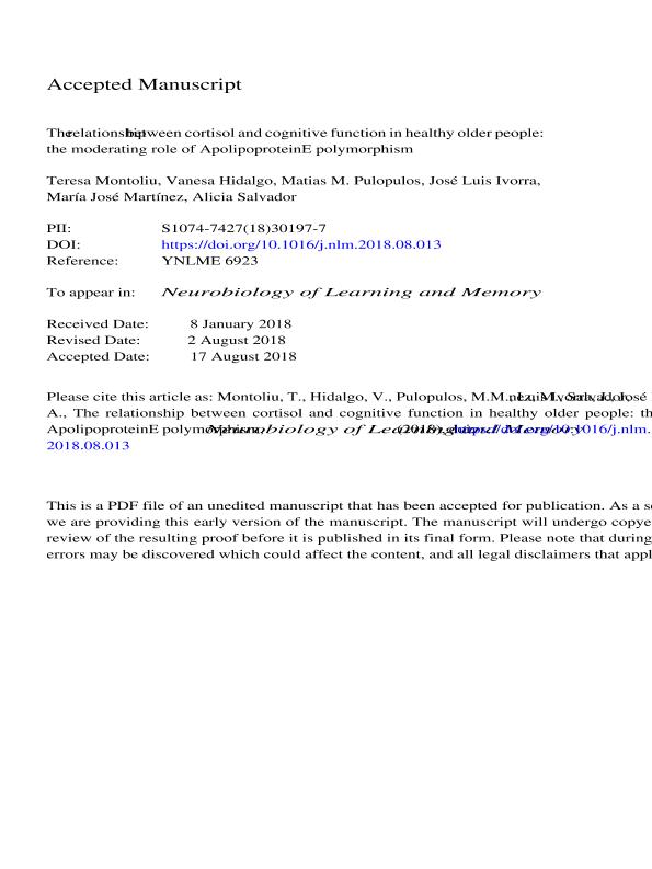 The relationship between cortisol and cognitive function in healthy older people: The moderating role of Apolipoprotein E polymorphism