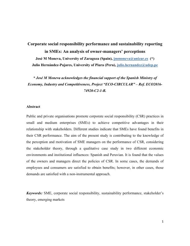 Corporate social responsibility performance and sustainability reporting in SMEs: An analysis of owner-managers' perceptions