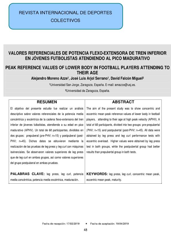 Valores referenciales de potencia flexo-extensora de tren inferior en jóvenes futbolistas atendiendo al pico madurativo