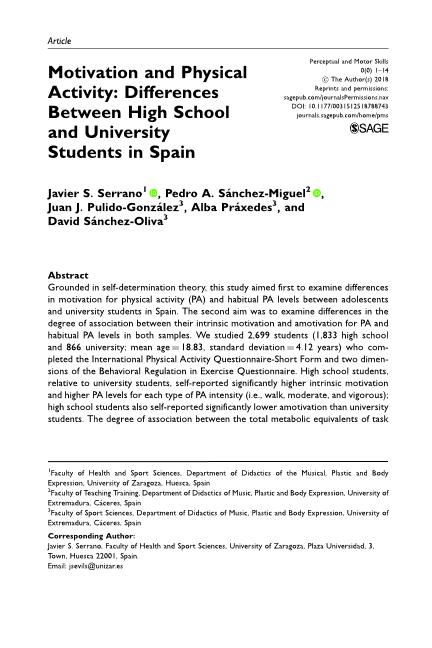 Motivation and physical activity: Differences between high school and university students in Spain