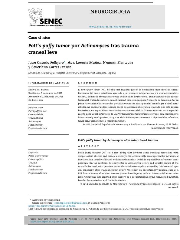 Pott's puffy tumor por Actinomyces tras trauma craneal leve