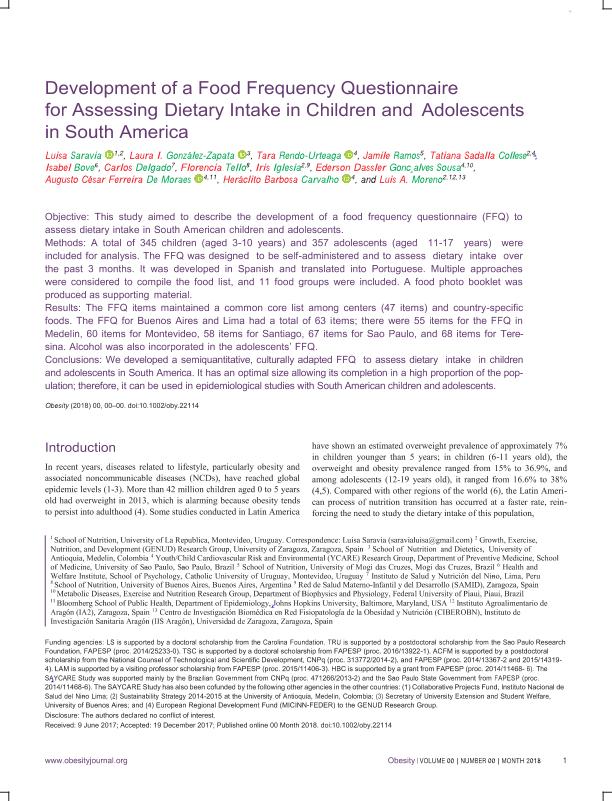 Development of a food frequency questionnaire for assessing dietary intake in children and adolescents in South America