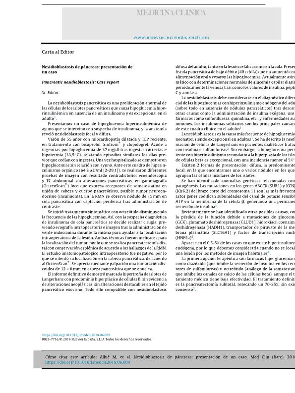 Nesidioblastosis de páncreas: presentación de un caso