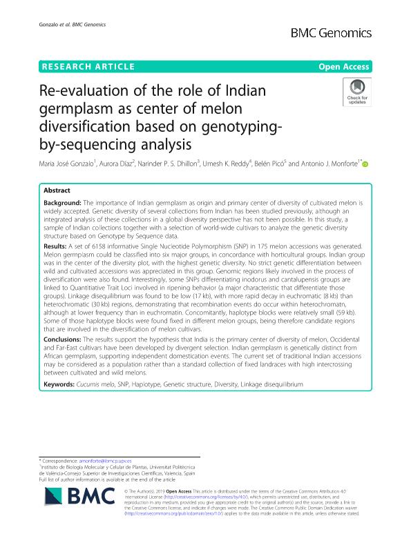Re-evaluation of the role of Indian germplasm as center of melon diversification based on genotyping-by-sequencing analysis