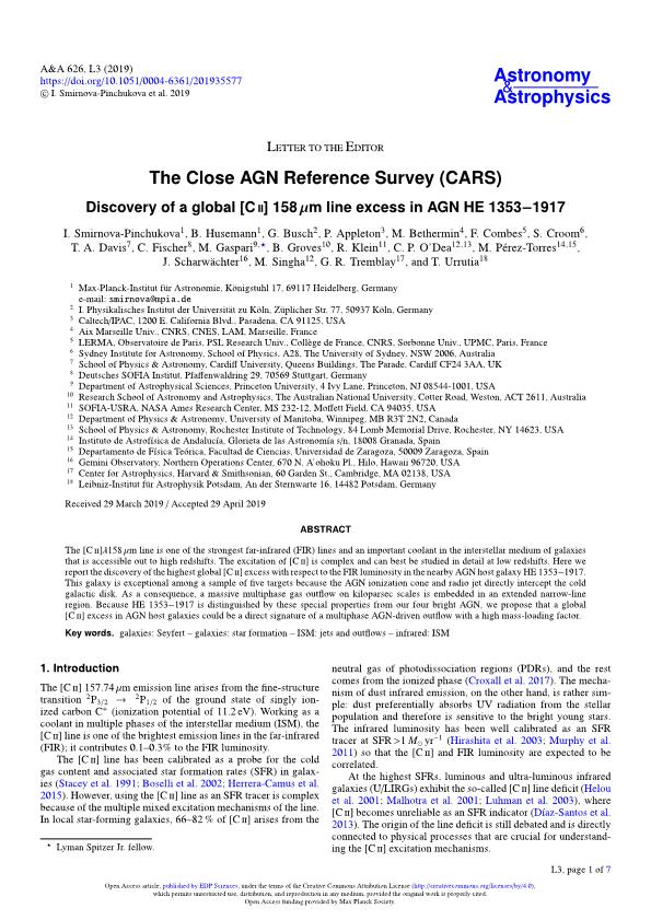 The Close AGN Reference Survey (CARS) Discovery of a global [C II] 158 mu m line excess in AGN HE 1353-1917