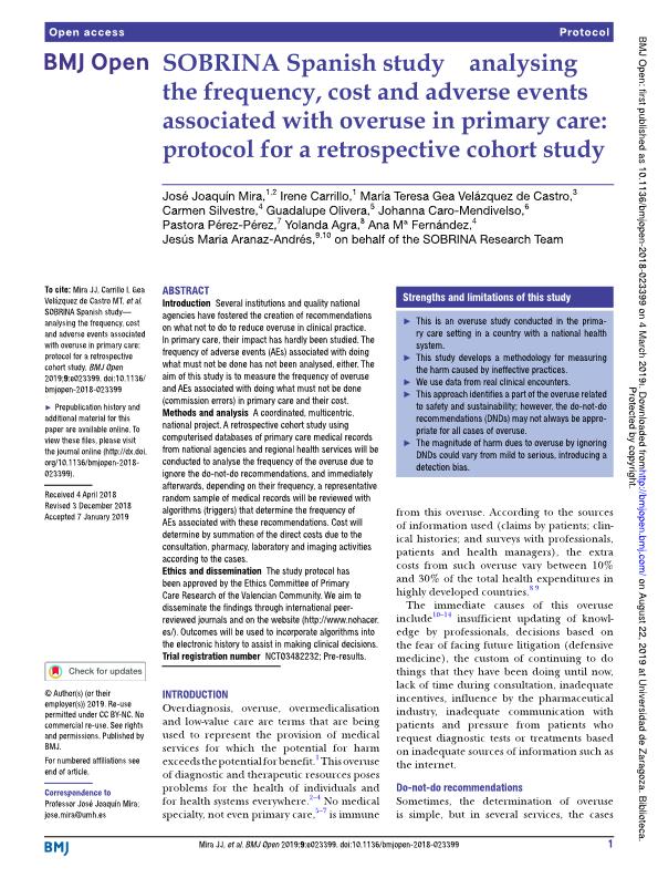 SOBRINA Spanish study-analysing the frequency, cost and adverse events associated with overuse in primary care: protocol for a retrospective cohort study