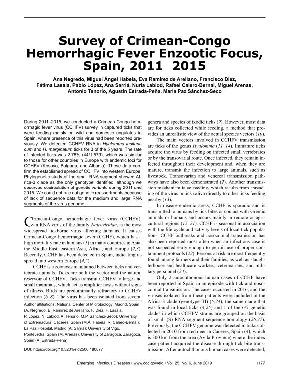 Survey of Crimean Congo Hemorrhagic Fever Enzootic Focus Spain, 2011-2015