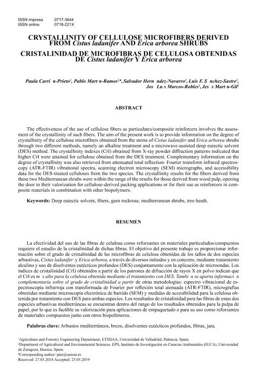 Crystallinity of cellulose microfibers derived from Cistus ladanifer and Erica arborea shrubs